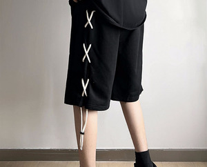Custom Style Men's Black Casual Shorts With Criss-Cross Side <b>Lacing</b> <b>Elastic</b> Waist Mid Length Solid Color Design - Product Image 4