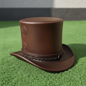 Handmade Brown Leather Top <b>Hat</b> Embossed Chain Band Steampunk Cosplay - Product Image 2