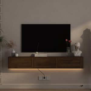 High Gloss Wall Mounted TV Stand <b>Floating</b> Wood Cabinet with LED Lights and Power Outlet for Living Room - Product Image 3