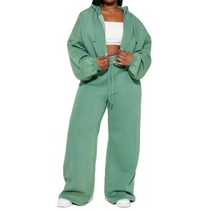 Conjunto Deportivo de Sudadera Corta y Pantalones Deportivos con Logotipo Personalizado, Transpirable, Lavado Ácido, para Mujer - Product Image 1