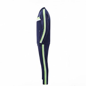 Ensemble de survêtement sportif bleu marine pour homme avec rayures vertes et blanches, en polyester et coton tricoté, veste à col montant et fermeture éclair intégrale, idéal pour l'automne - Product Image 5