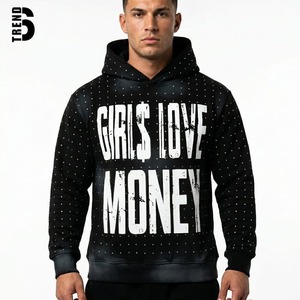Sudadera con Capucha Personalizada para Hombre, Negra, Gruesa, 450GSM, con Pedrería, Diseño Gráfico 'Girls Love Money', Estilo Urbano Y2K, Corte Holgado - Product Image 1