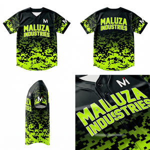 Maillot de baseball personnalisé en gros, camouflage numérique vert néon noir, uniforme d'équipe MALUZA INDUSTRIES - Product Image 6