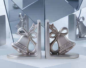 Luxury Silver Finished Cast Aluminum Christmas Bookends Festive Metallic Bell Ribbon <b>Book</b> Ends Holiday Interior Home Decor - Product Image 5