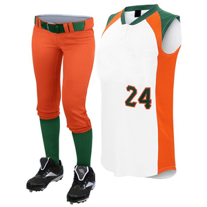 Ensemble uniforme de baseball pour femmes, pantalon orange et vert, maillot sans manches blanc numéro 24, polyester respirant, col en V ajusté - Product Image 1