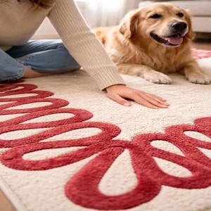 Tapis moderne à bordure rouge, tapis contemporain tufté à la main avec cadre bouclé, tapis en laine de qualité supérieure, tapis décoratif minimaliste pour salon et chambre à coucher - Product Image 2