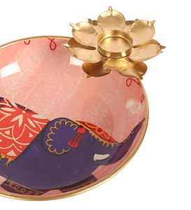 Ensemble de bols Urli en céramique orientale de qualité supérieure avec porte-bougie en forme de lotus |   Centre de table en métal artisanal pour Pooja Diwali à la maison - Product Image 2