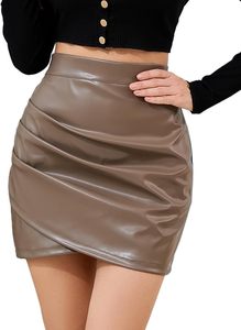 Jupe mini taille haute en cuir véritable pour femme, couleur unie, design crayon brillant, style club sexy, toutes saisons - Product Image 2