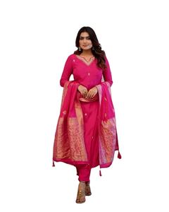 Fête traditionnelle de style indien du sud et fonction riche pour femmes Viscos spéciales Chanderi Kurti en soie cousu avec Dupatta - Product Image 1