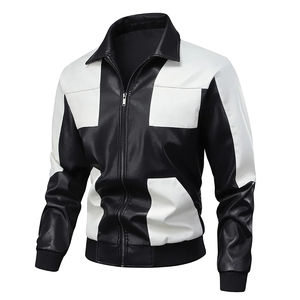 Veste en cuir véritable noir et blanc pour homme, fermeture éclair sur le devant, style décontracté, vêtement d'extérieur contrasté - Product Image 4
