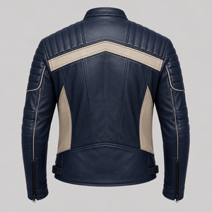 Blouson moto homme en cuir PU bleu, col montant, fermeture éclair, design color block, coupe slim, coupe-vent, style automne - Product Image 3