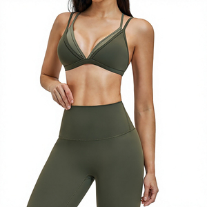 Custom Logo Front Women Solid Contrast Color Strappy Sportswear Workout <b>Gym</b> Fitness Yoga Bra <b>Set</b> High Waist Breathable Leggings - Product Image 5