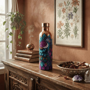 Decorative Copper Water <b>Bottle</b> with Peacock Floral Artwork, Leakproof Screw Cap, Reusable Ayurvedic Hydration Flask for Travel - Product Image 4