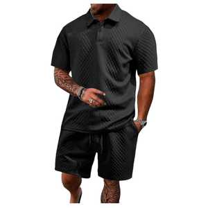 Conjunto de Camisa Polo Negra Acolchada y Pantalones Cortos para Hombre, Atuendo Casual de Dos Piezas para Verano, Transpirable y Ligero - Product Image 1