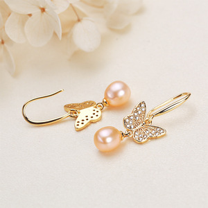 Wholesale New Butterfly Style Freshwater <b>Pearl</b> <b>Earrings</b> for Women Zircon Plated Gold Dangle Fashion Jewelry - Product Image 3