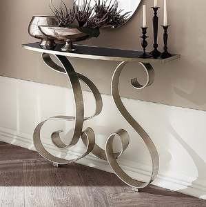 Mesa consola artística con una superficie de mármol blanco sobre una base de metal negro en espiral, disponible a precios de mayorista. - Product Image 5