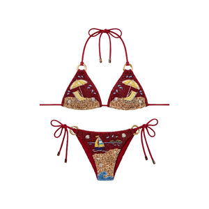 <b>Sequin</b> Embroidered <b>Bikini</b> Set Halter Neck Two Piece Swimwear Pink Shell Starfish Pattern Elastic Waist Breathable Spandex/Cotton - Product Image 3