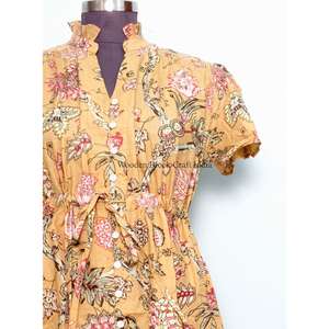 Robe d'été élégante et vintage pour femme, faite à la main en coton biologique, col rond, manches longues, coupe trapèze, imprimé floral, respirante - Product Image 3