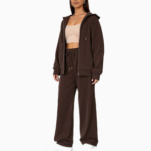 Ensemble survêtement décontracté en molleton pour femme avec sweat à capuche zippé et pantalon droit, coupe ample, pour la fabrication de vêtements en gros, grammage lourd - Product Image 4
