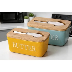 Ceramic Butter Dish <b>Container</b> With Wooden Lid And Knife Elegant Butter <b>Storage</b> Box Perfect For <b>Kitchen</b> And Dining Table Use - Product Image 3