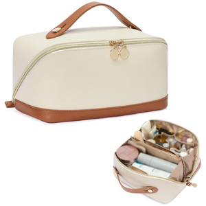 Bolso Cosmético de Cuero Crema y Marrón de Dos Tonos con Cremallera Curva y Asa Superior, Organizador de Maquillaje, Diseño Personalizado OEM ODM, Precio Mayorista - Product Image 1