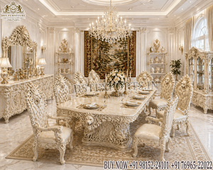 Juego de Comedor de Madera de Teca Sólida de Diseño Italiano de Lujo, Estilo Rococó Premium, 8 Plazas, Acabado en Dorado y Blanco, Muebles Redondos para Comedor - Product Image 3