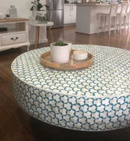 Table basse ronde en os incrusté, motif floral, faite à la main, écologique, style animalier, élégante, artisanale, meuble d'artisanat
