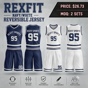 Conjunto de Uniforme de Baloncesto Reversible Rexfit, Color Rosa y Azul Marino, Sublimado, Absorbente de Humedad, Unisex, para Adultos - Product Image 3