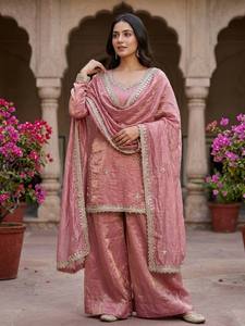 Nuevo Conjunto de Fiesta para Mujer de Diseñador, de Seda Pesada con Bordado y Lentejuelas, Top, Sharara, Plazzo y Dupatta, para Todas las Estaciones, Sin Arrugas - Product Image 3