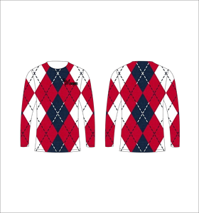 Camiseta Deportiva Ligera de Manga Larga Sublimada Personalizada con Patrón Argyle Rojo, Azul Marino y Blanco, Proveedor de Ropa al Por Mayor - Product Image 1