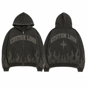 Custom Heavyweight 100% Cotton Acid Wash Y2K Vintage Boxy Cropped Rhinestone Flame Streetwear - Product Image 3