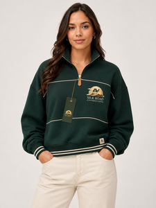 Sweat-shirt demi-zip en polaire vert pour femme Silk Road, couleur unie, décontracté, manches longues, pour l'été, prix abordable, OEM, polyester/coton - Product Image 5
