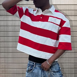Polo à manches courtes rayé rouge et blanc pour homme, coupe classique, vêtement décontracté, tissu tissé - Product Image 4