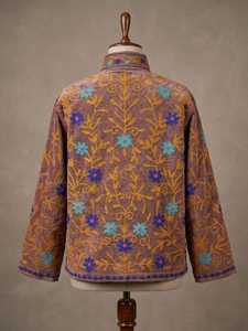 Brown Floral Embroidered Mandarin Collar <b>Blazer</b> Full Sleeve Suzani <b>Velvet</b> Cotton Lining Windproof Thick Women's Winter Jacket - Product Image 5