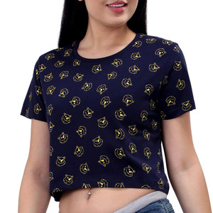 INDEX APPAREL Women's Navy Blue Crop <b>Top</b> Crew Neck Short Sleeve Cartoon Print Casual T-Shirt Spring Summer Wear - Product Image 2