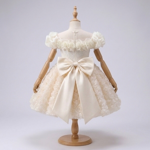 Rosavielle Ivory Satin Solid 3D Rose Puff Sleeve <b>Flower</b> Girl Dress Luxury Princess Wedding Party Ball Gown OEM ODM Soft Lining - Product Image 3