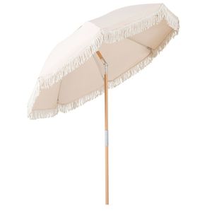 Ombrellone da Esterno Boho da 1,8 m con Nappe, Palo in Legno di Faggio e Stecche in Fibra di Vetro, Inclinazione a Pulsante, per Cortile o Parco, Raggio 2,5 m - Product Image 3