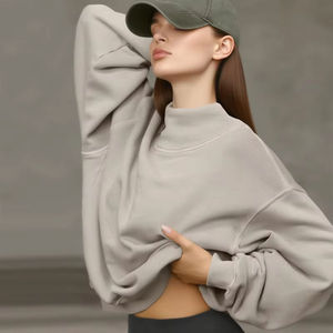Sweat-shirt oversize beige pour femme, col montant, en molleton épais de qualité supérieure, à manches longues, pull décontracté pour le quotidien - Product Image 5