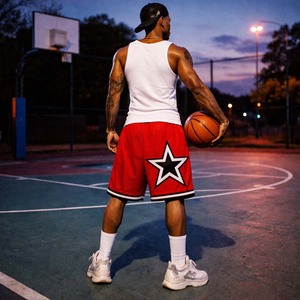 Pantalones Cortos de Baloncesto con Estampado de Estrellas para Hombre, Pantalones Cortos Deportivos Casuales de Malla Roja para Verano - Product Image 5