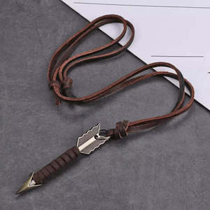 Vintage Alloy Gold Wrapped <b>Arrow</b> Pendant <b>Necklace</b> with Adjustable Pure Leather Cord for Men - Product Image 4