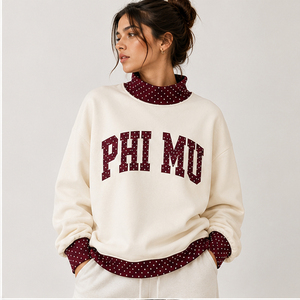 Sudadera de cuello redondo para mujer Phi Mu, azul marino con ribete de lunares, de algodón tejido, holgada, transpirable y cómoda, con cuello simulado. - Product Image 2