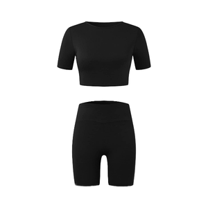 Women's Black 2 Piece Sports <b>Set</b> <b>Short</b> Sleeve Crop <b>Top</b> High Quality <b>Shorts</b> Solid Color Breathable Knitted Spring Summer <b>Set</b> - Product Image 5