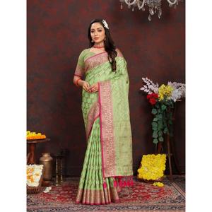 SOIE DOUCE À LA MODE JARI TISSANT TRAVAIL SAREE AVEC CHEMISIER NON COUDU VERT PERROT - Product Image 1