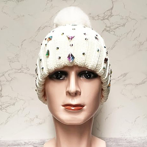 Black Crystal Beanie Hat Rib Knit Winter Warm <b>Cap</b> Women <b>Men</b> Fashion Studded Skull <b>Cap</b> Custom OEM Wholesale - Product Image 2