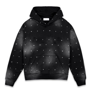 Sudadera con capucha y cremallera para hombre, con logotipo personalizado, de forro polar grueso, negra, con gráfico gótico de cristal y pedrería, estilo streetwear - Product Image 3