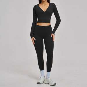 Women’s 2-Piece Yoga Set Deep V-Neck Long Sleeve Crop Top High-Waist <b>Seamless</b> <b>Leggings</b> Workout Activewear Suit - Product Image 6