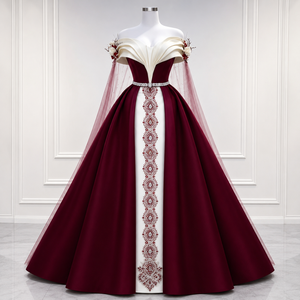 Robe de mariée de luxe en satin bordeaux ivoire, coupe épaule, taille naturelle, longueur ras du sol, traîne balayante, broderie florale - Product Image 4