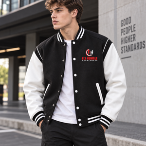 Veste universitaire pour homme Fly Humble, noir et blanc, logo brodé, vêtement décontracté d'automne, coupe classique, col rabattu, polyester et coton - Product Image 1