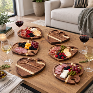 High Quality Acacia Wooden Heart Appetizer Serving <b>Plates</b> with Wine Glass Holders <b>Picnic</b> <b>Plate</b> for Parties from Vietnam - Product Image 2