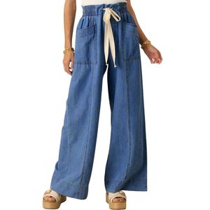 Jeans à jambes larges en chambray bleu personnalisé pour femmes, cordon de serrage, élastique, doux, pur coton, respirant, de haute qualité, pantalon d'été - Product Image 1